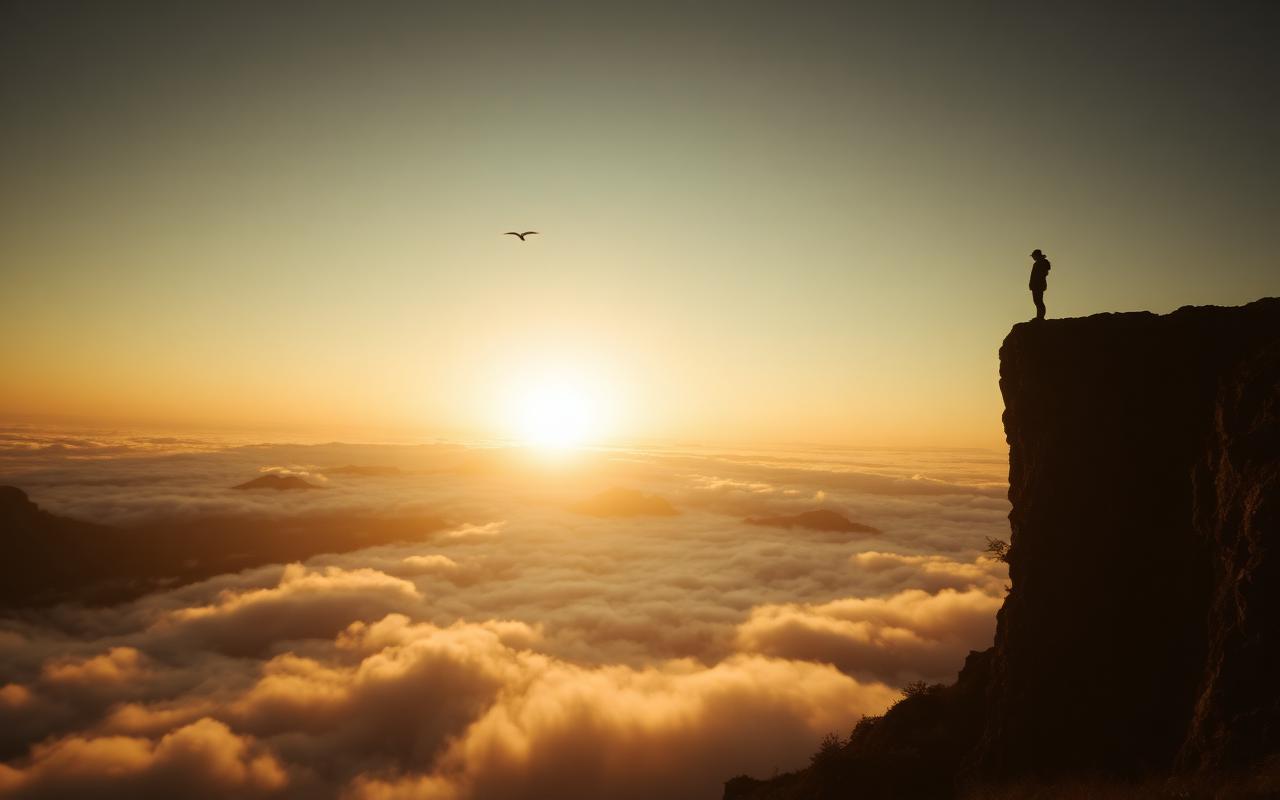 Pessoa em pé no topo de uma montanha ao nascer do sol
